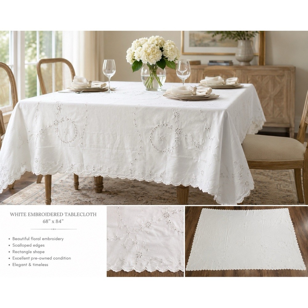Vintage White Linen Floral Embroidered Tablecloth Dinning Cottagecore Farmhouse
